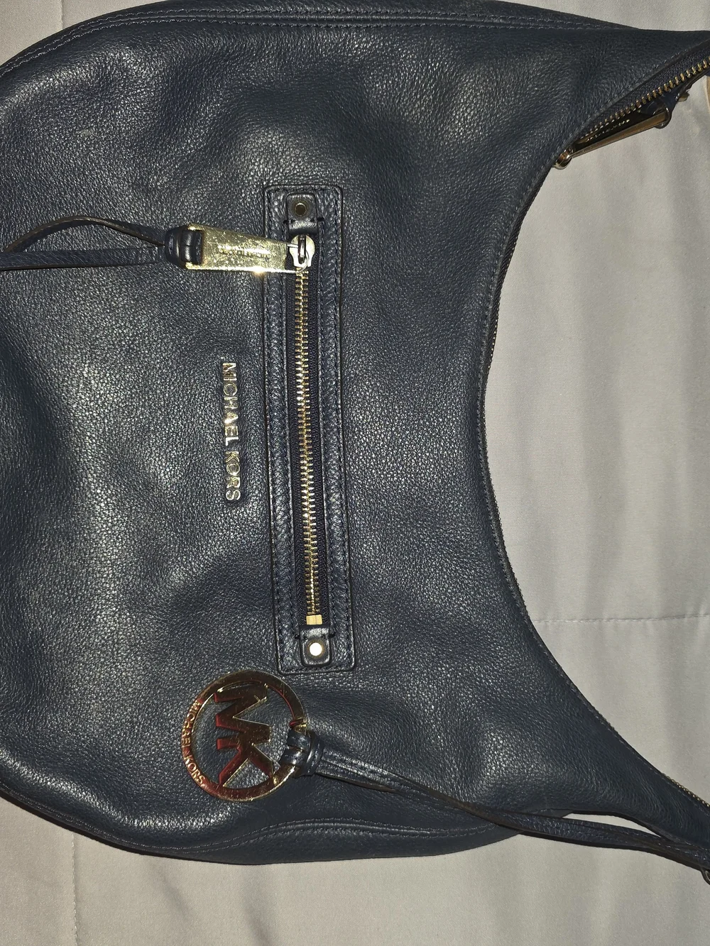 Michael Kors Rhea Blue Pebbled Leather Zipper Pocket Hobo Shoulder Bag